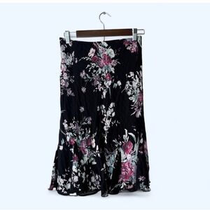 Y2K  Floral Midi Skirt Black Flowy‎ Ruffle Hem Vintage Boho Skirt S Low Rise